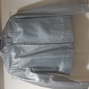 Womens Metallic Silver Leather Zip-Front Jacket